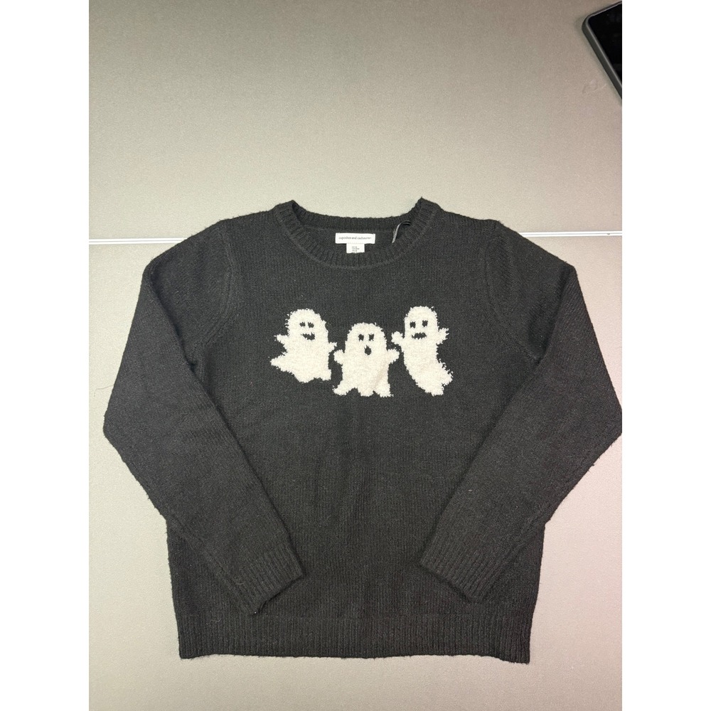 Cupcakes and Cashmere Ghost Halloween Sweater Black Knit Crewneck M grunge